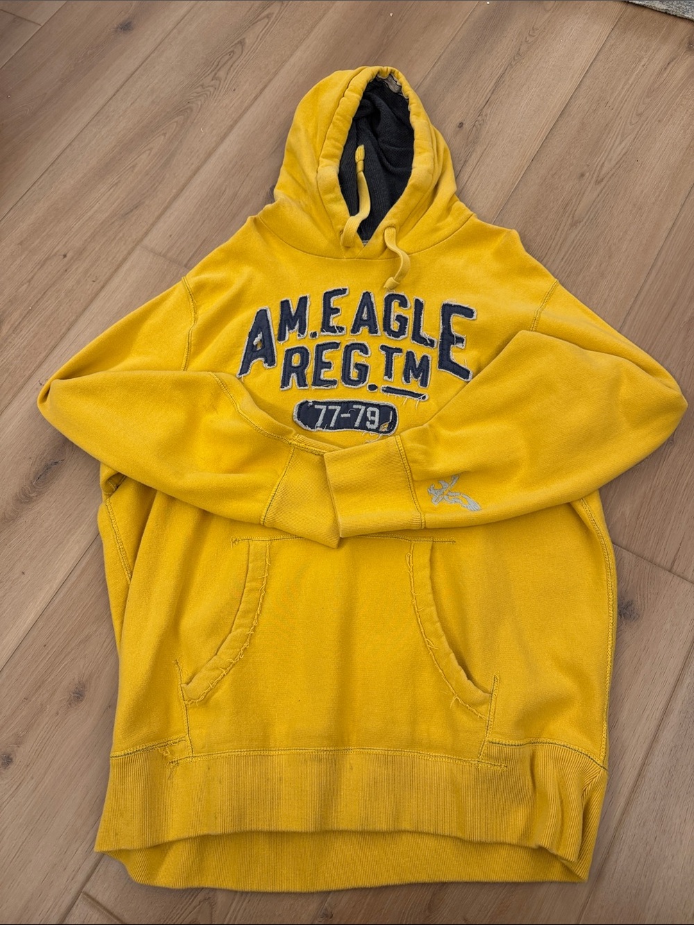American Eagle Outfitters Yellow Hooded Pullover Sweatshirt with Navy Logo